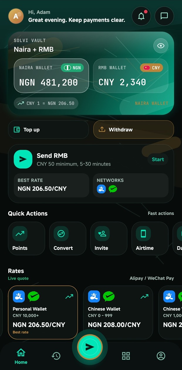 SOLVI home screen showing a Naira wallet of NGN 481,200 and an RMB wallet of CNY 2,340, with the live CNY rate and quick actions.