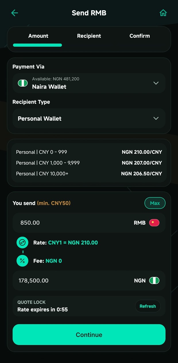 SOLVI Send RMB screen showing the published rate tiers, an 850 RMB transfer and the locked NGN 178,500 payout.