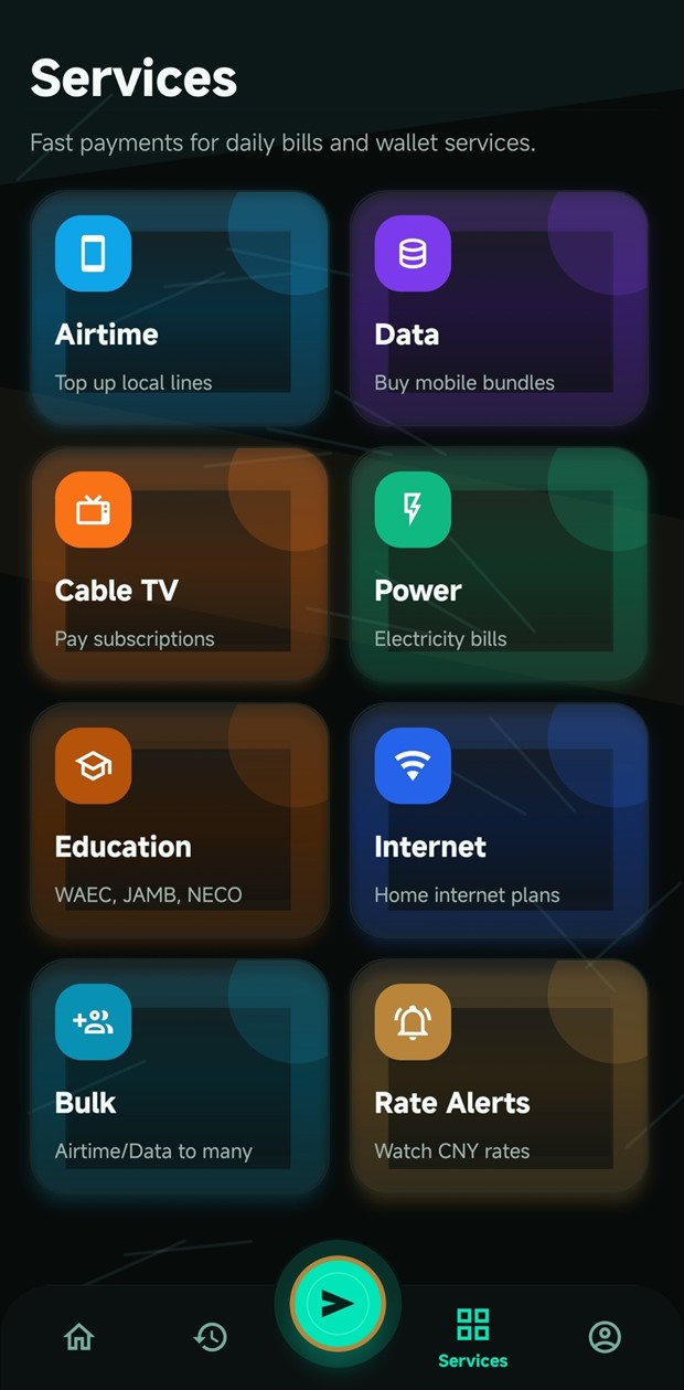SOLVI services screen with airtime, data, cable TV, power, education, internet, bulk and rate alerts.