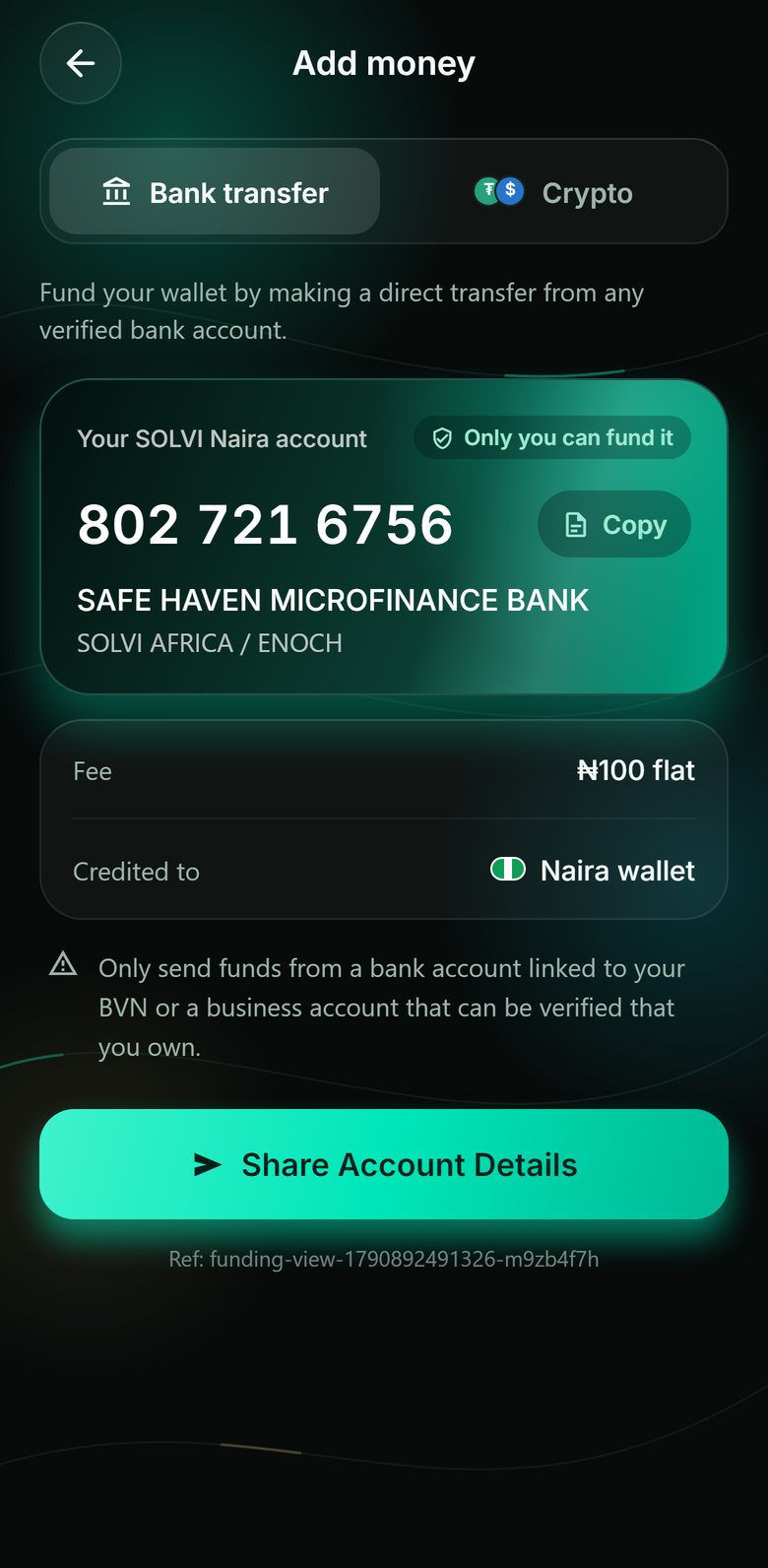SOLVI Add money screen with a personal Naira funding account