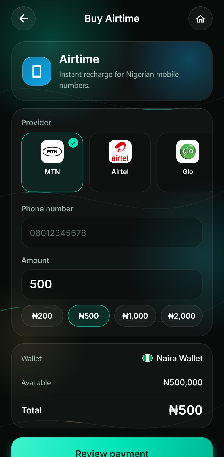 SOLVI Buy Airtime screen with MTN, Airtel and Glo, and quick amounts from ₦200 to ₦2,000.