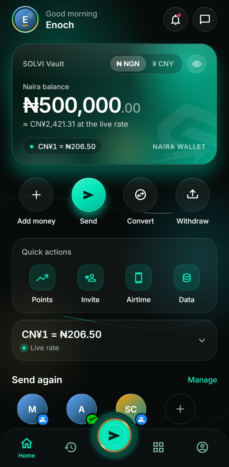 SOLVI home screen: a Naira balance of ₦500,000, the live rate of ₦206.50 per yuan, and Add money, Send, Convert and Withdraw.