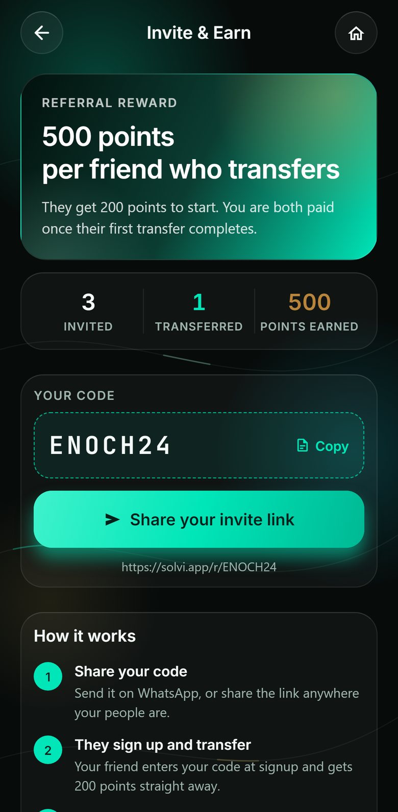 SOLVI Invite and Earn screen
