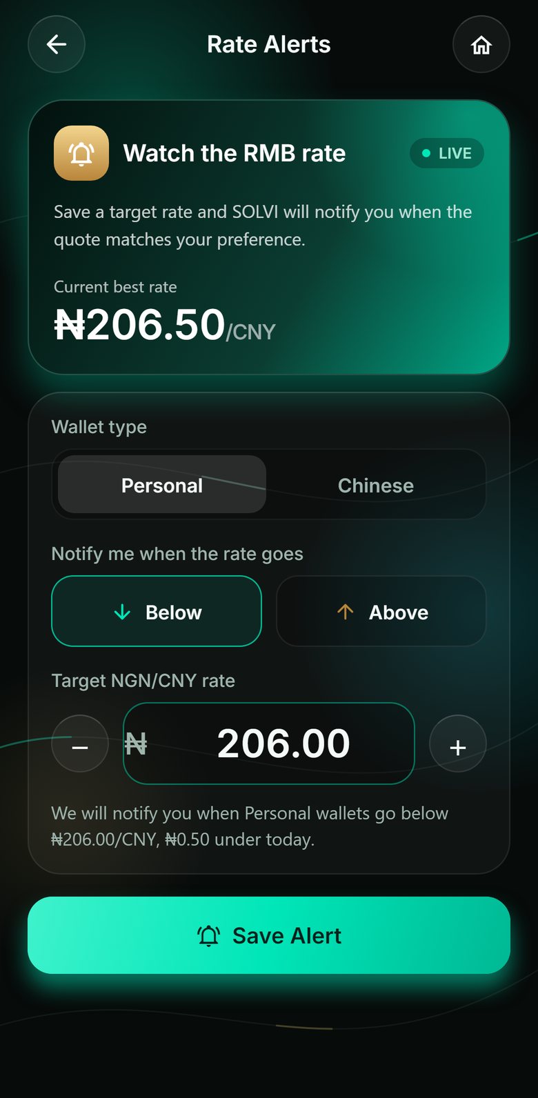 SOLVI Rate Alerts screen