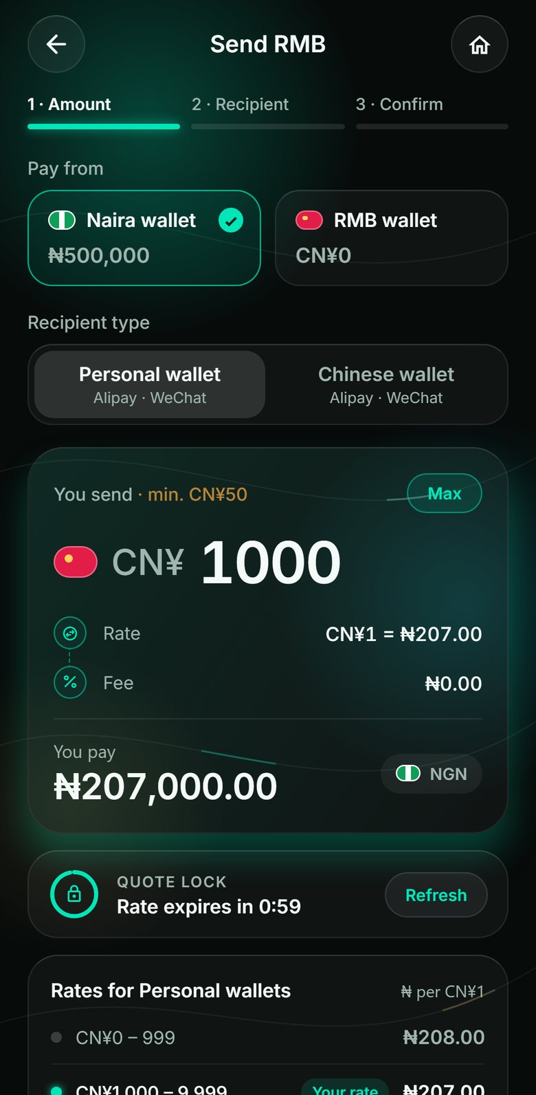 SOLVI Send RMB screen: CN¥1,000 at ₦207.00 per yuan, ₦207,000 to pay, with the rate locked while you confirm.