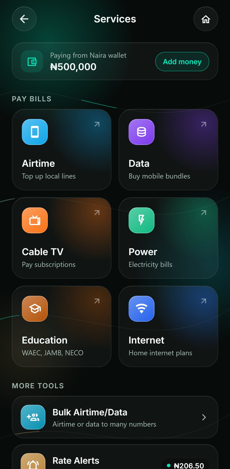 SOLVI Services screen with airtime, data, cable TV, power, education and internet
