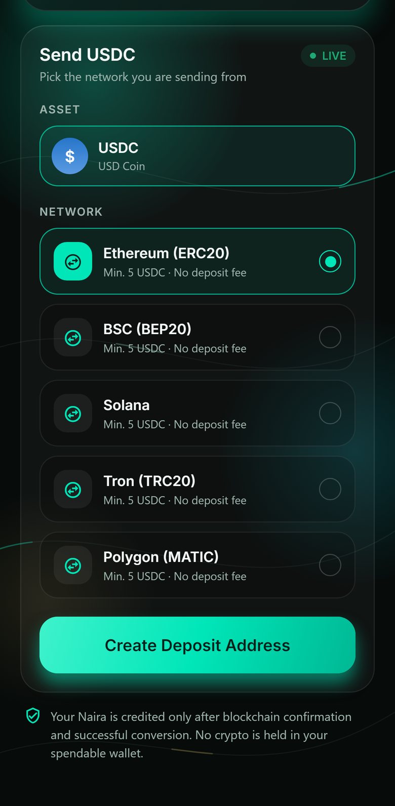 SOLVI USDC funding screen listing the networks you can send USDC on: Ethereum, BSC, Solana, Tron and Polygon.