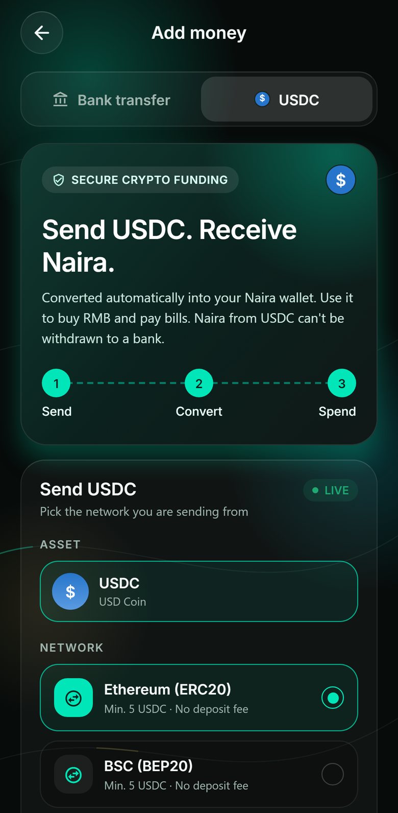 SOLVI Add money screen on the USDC tab: send USDC, receive Naira, converted automatically into your Naira wallet.